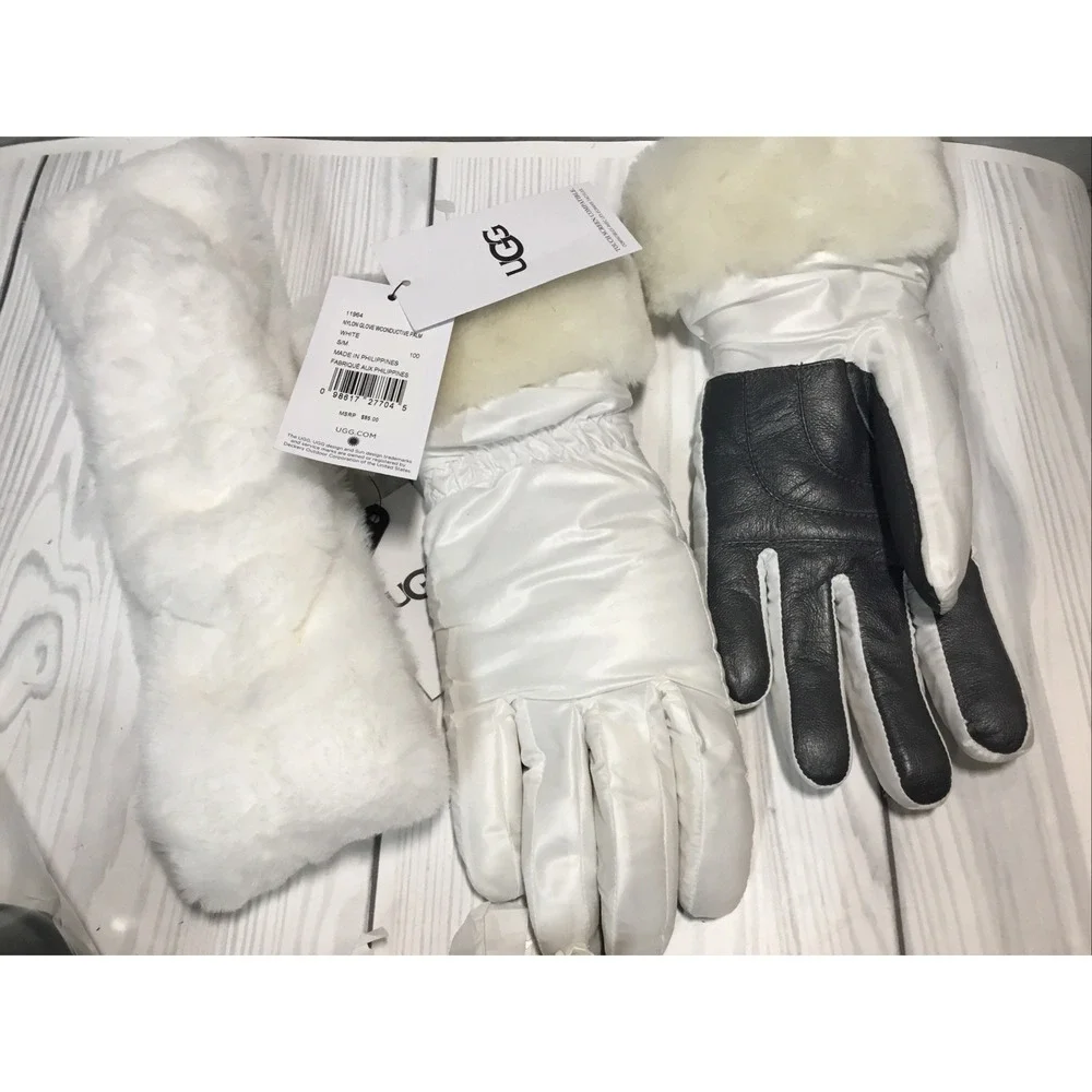 UGG Women's Shearling Cuff Fur Lined Tech Gloves in White & Headband Size S/M
